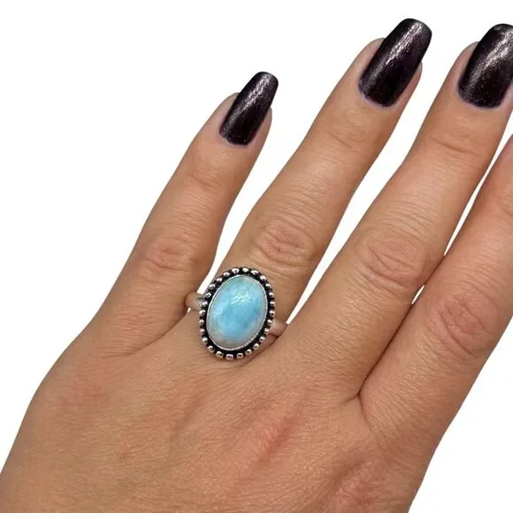 Larimar Ring Size 10 925 Sterling Silver Overlay Natural Stone Blue Oval Boho - Picture 2 of 9